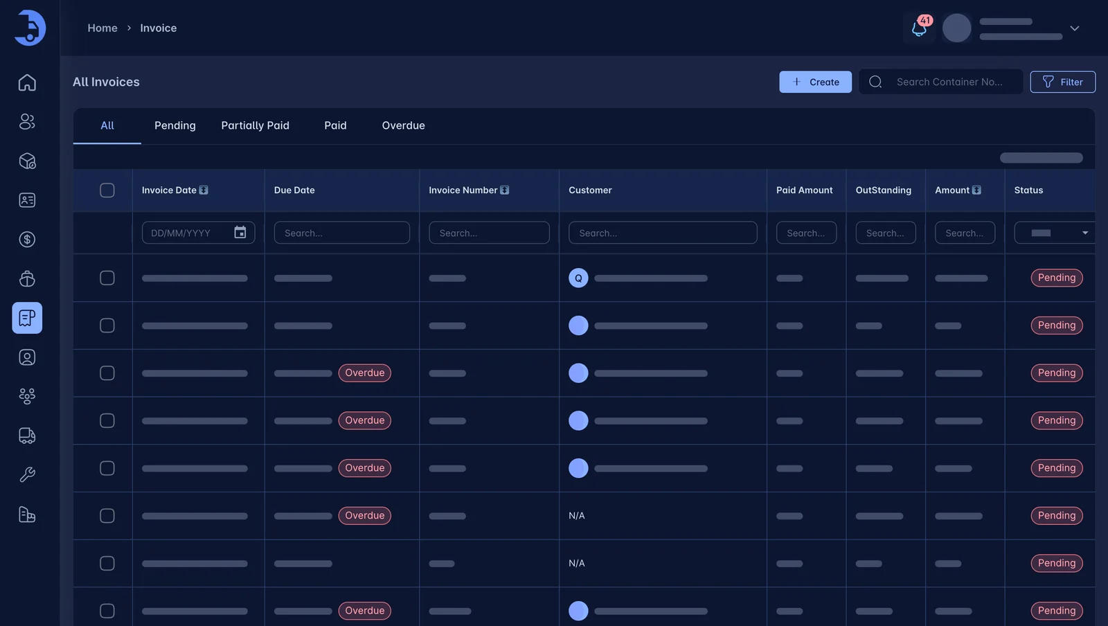 LoadPilot invoice list with due dates, customers, amounts and status
