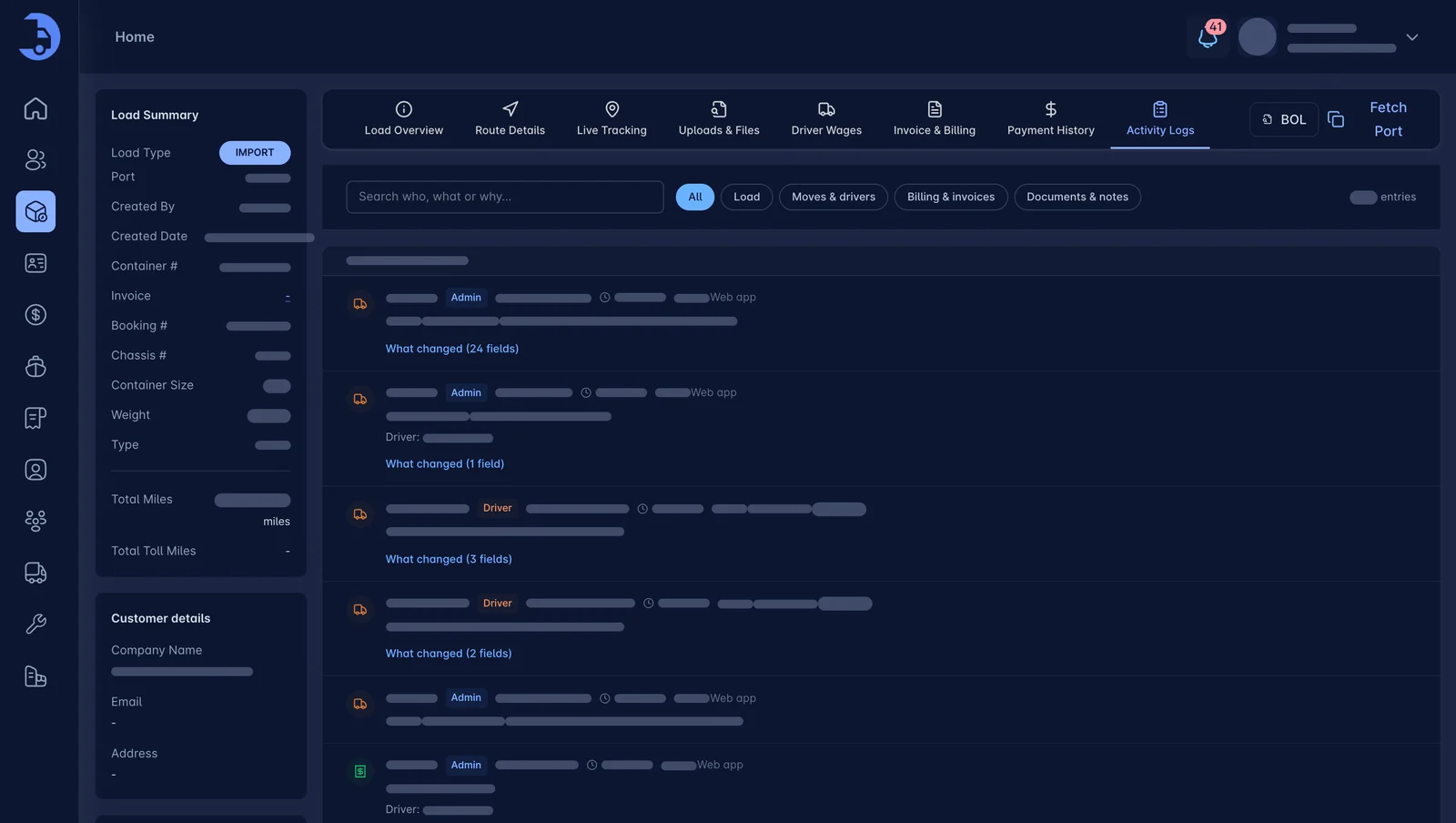 LoadPilot load activity log showing every status update