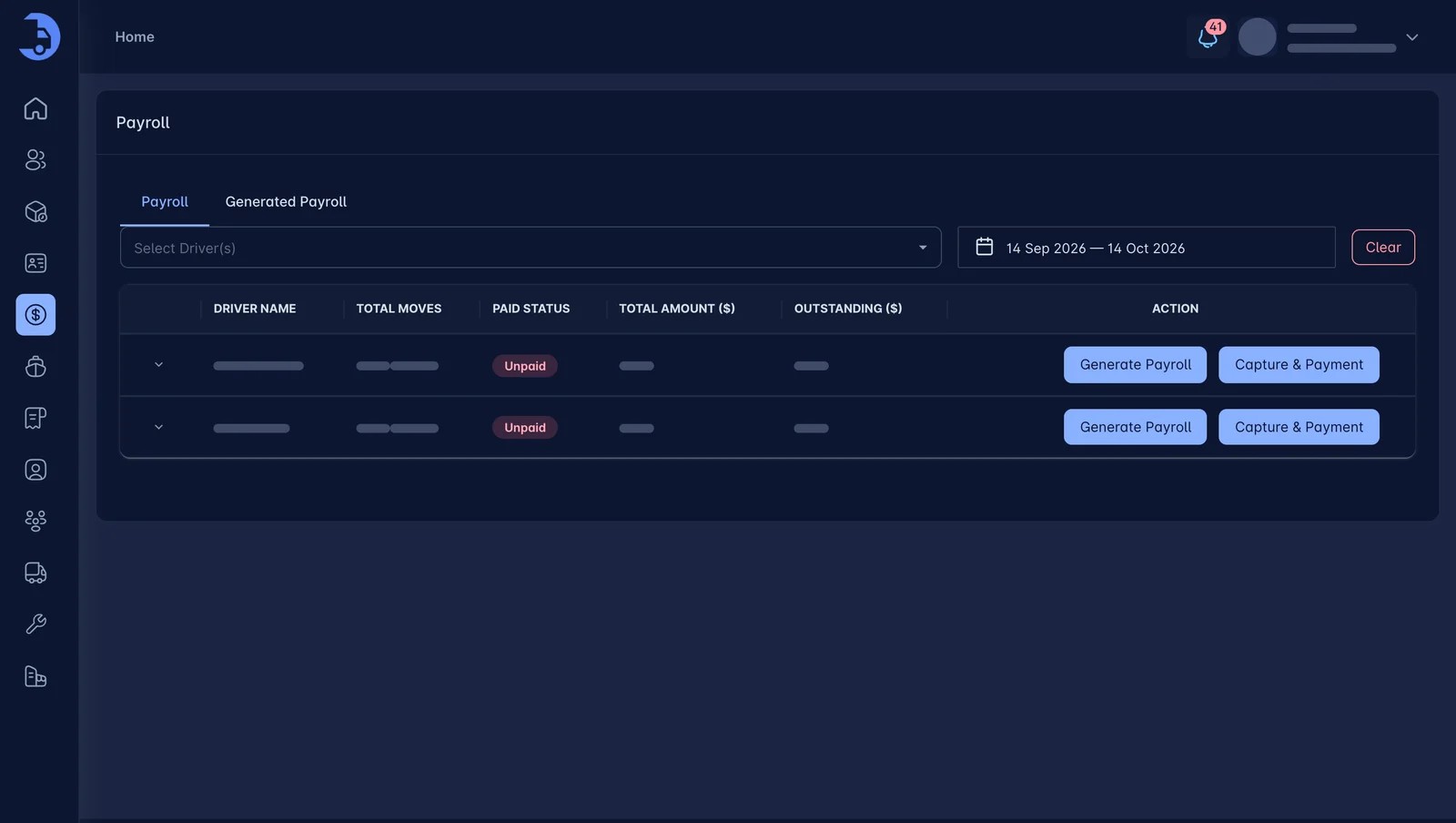 LoadPilot driver payroll screen with moves and payment status