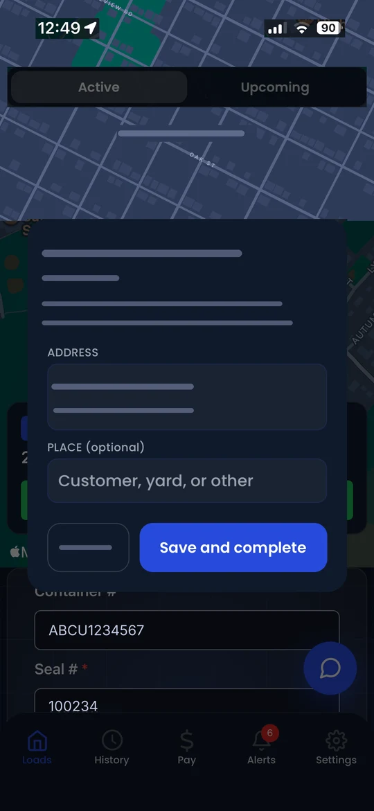 LoadPilot driver app prompt asking where the chassis was left