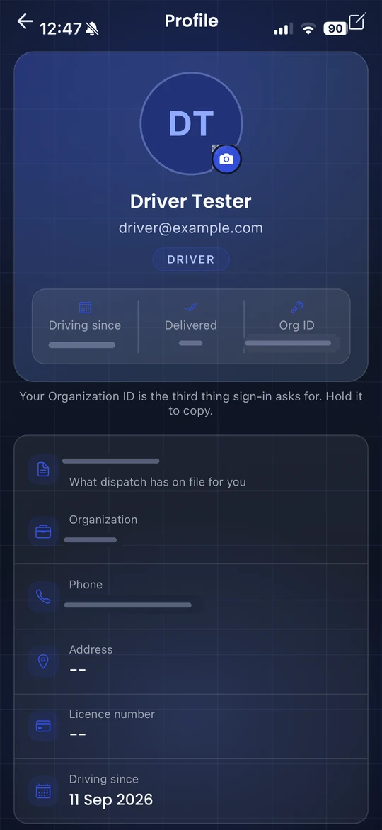 LoadPilot driver app driver profile with organization ID