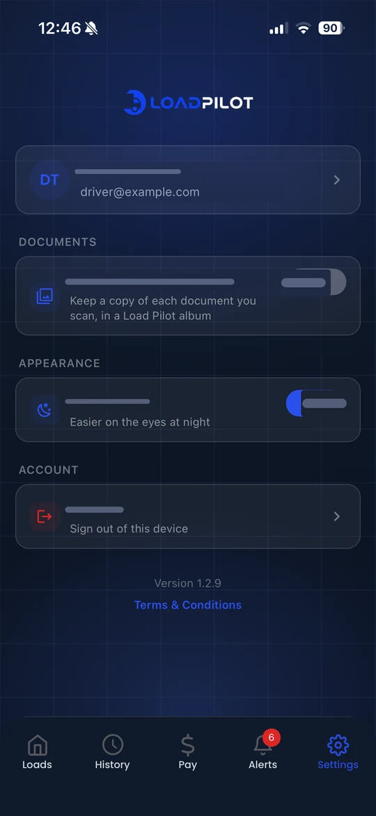 LoadPilot driver app settings with scan-saving and dark theme options