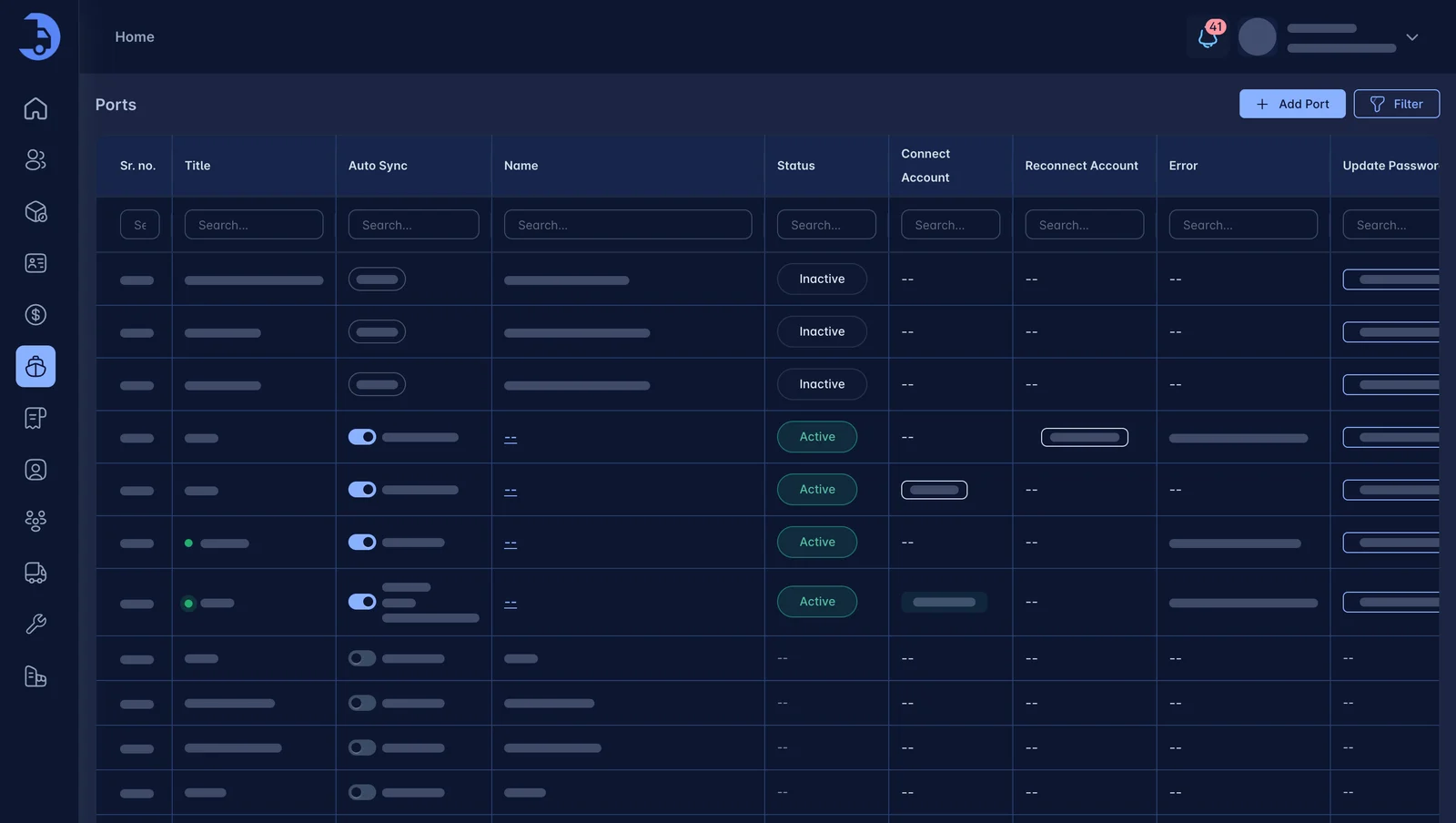 LoadPilot ports setup screen listing terminals