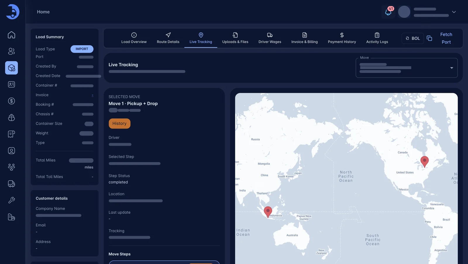 LoadPilot live container tracking map with route and driver details